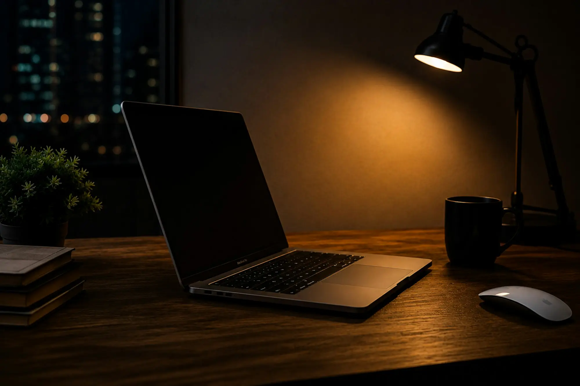 Late-night office with a laptop open and the Auckland city skyline lit up outside